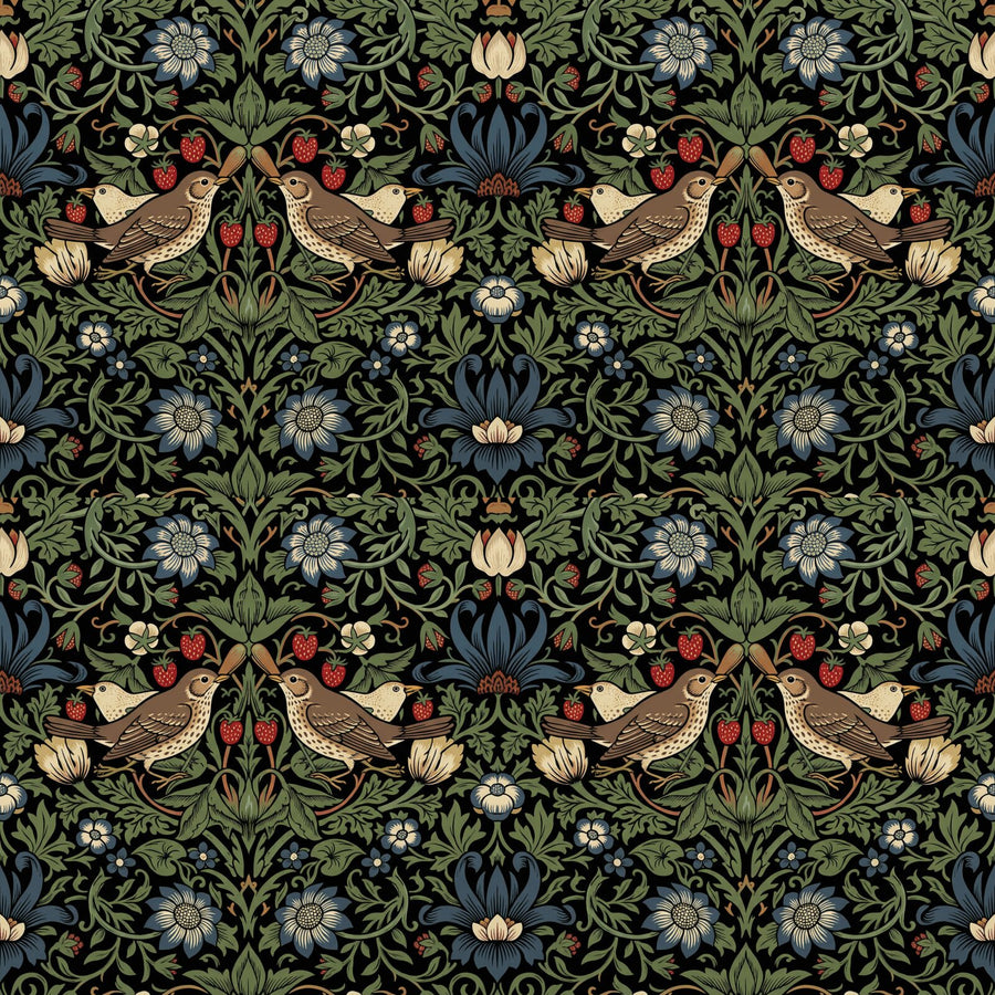 Experience the Midnight Strawberry mural: a rich, nocturnal reinterpretation of a beloved heritage pattern, featuring deep reds, warm browns, and near-black grounds. Made to order.