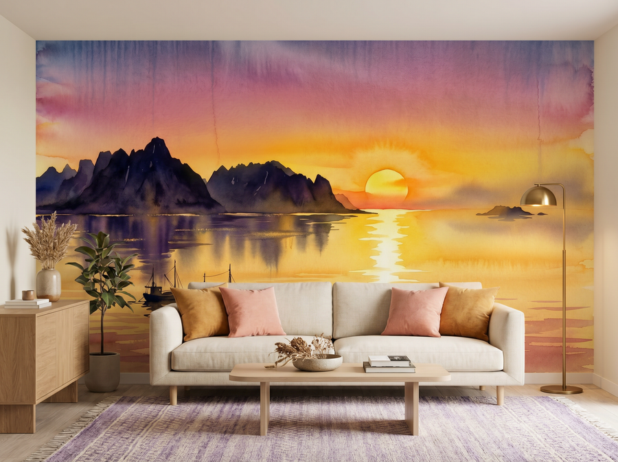 Midnight Sun scenic wallpaper mural on the feature wall of a Scandinavian bedroom, in a moody black-and-charcoal palette — The Wall Shawl.