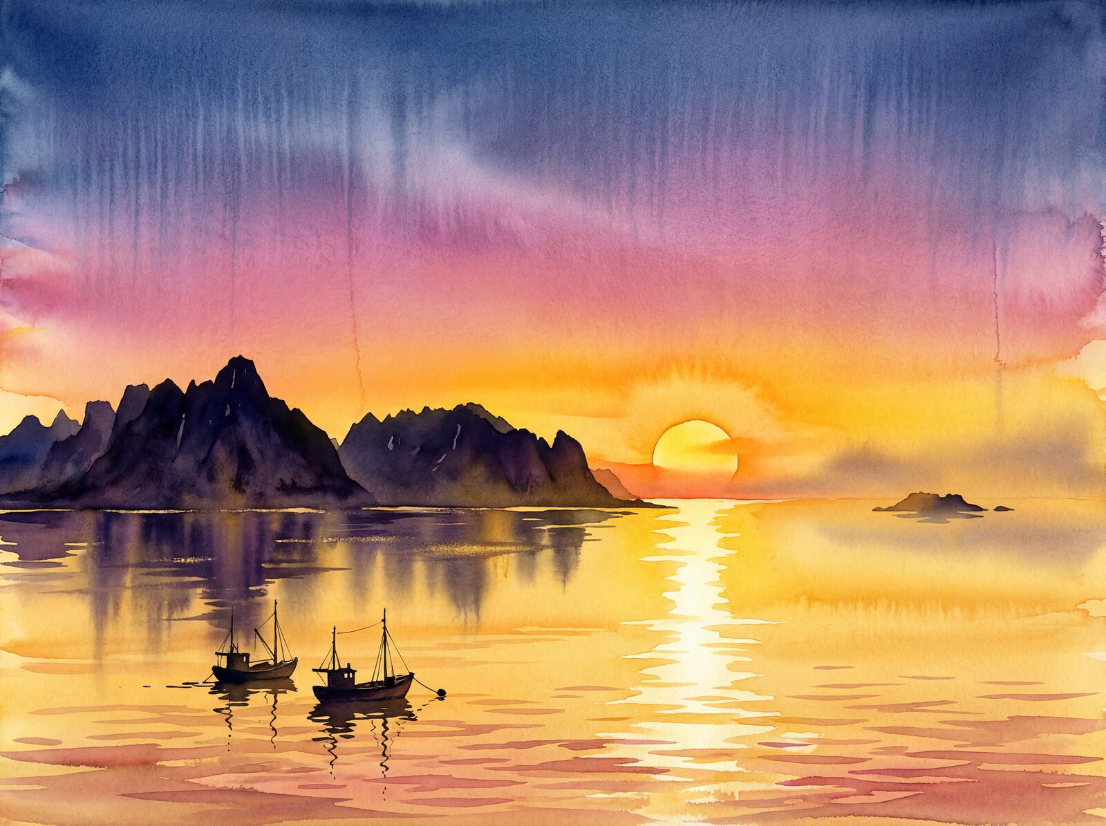 Scenic mural wallpaper in Midnight Gold, Sea Gold, and Rose Sky hues. Made to order.