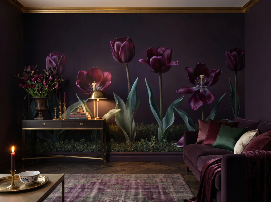 Midnight Tulip scenic wallpaper mural on the feature wall of an English-country bedroom, in a moody black-and-charcoal palette — The Wall Shawl.