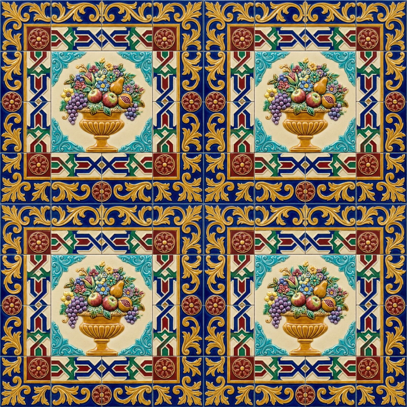 Opulent Minton Tile mural, a rich tapestry of cobalt blue, majolica green, and sang-de-boeuf reds. Made to order.