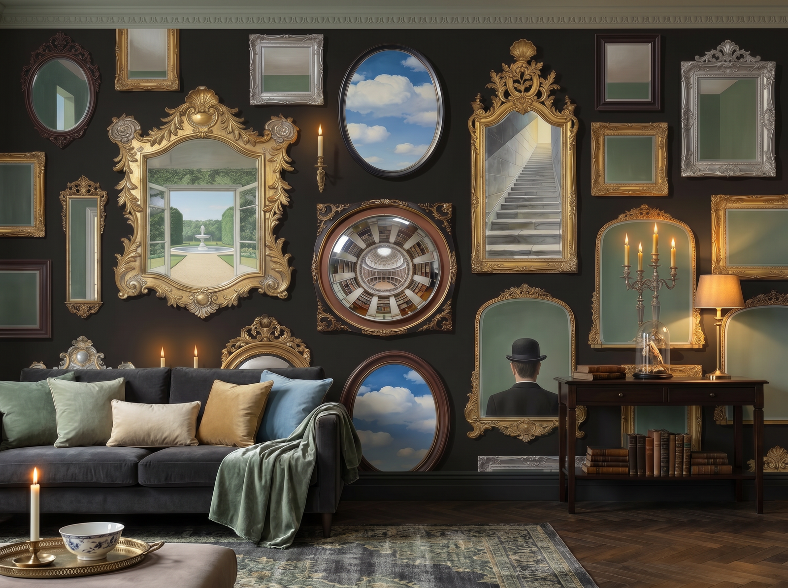 Mirror Gallery scenic wallpaper mural on the feature wall of an English-country entrance hall, in a golden yellow-and-ochre palette — The Wall Shawl.