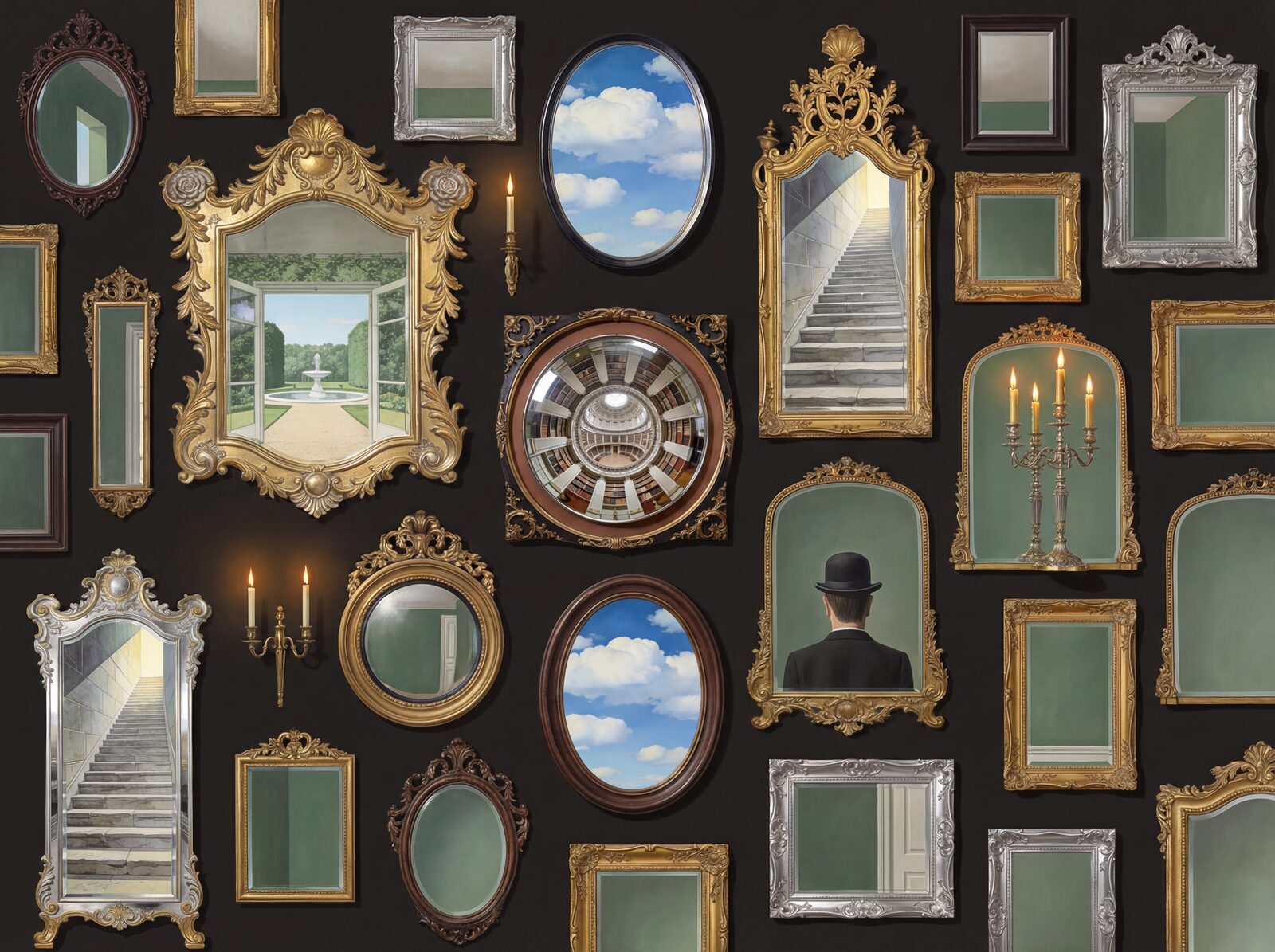 Step into a gallery of impossible reflections with Mirror Gallery. Dark walls, gilt frames, and verdant greens. Made to order.