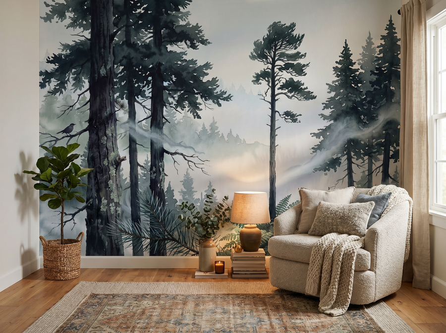 Misty Pines Forest — Scenic Mural Wallpaper wallpaper mural styled in a Japandi Living Room, Forest / Woodland, Greys…