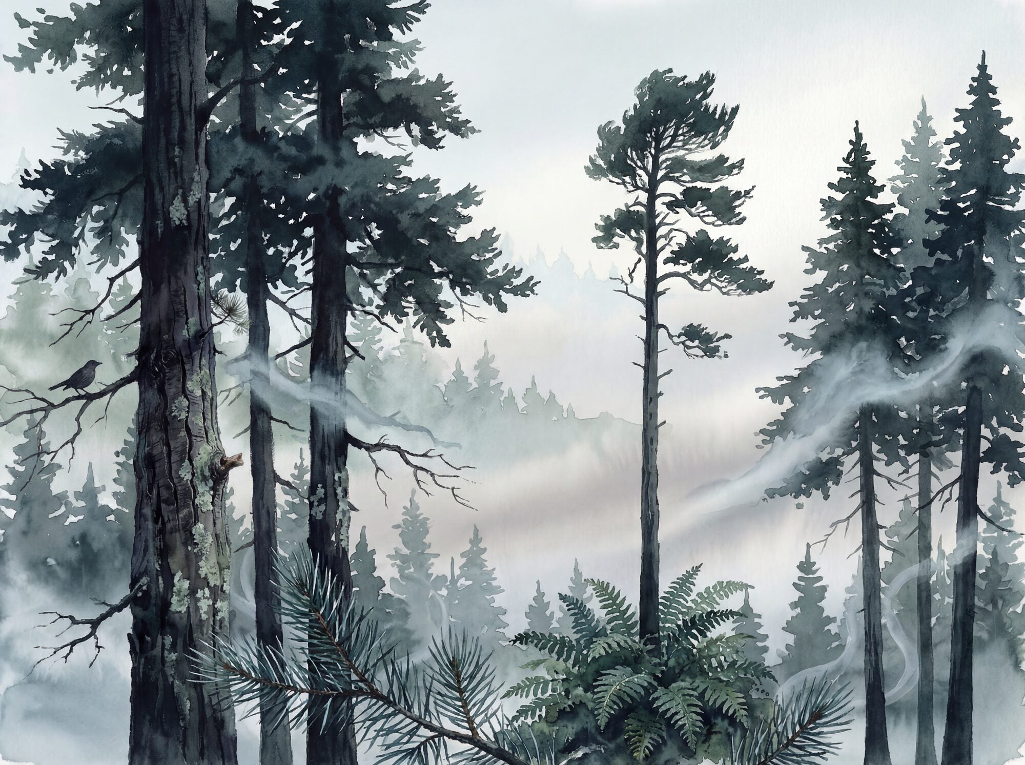 Misty pine forest mural wallpaper in cool ink-wash tones: dark conifer trunks flanking a central corridor of fog, a lone bird on a bare branch, ferns at the base, distant mountains dissolving to pale grey