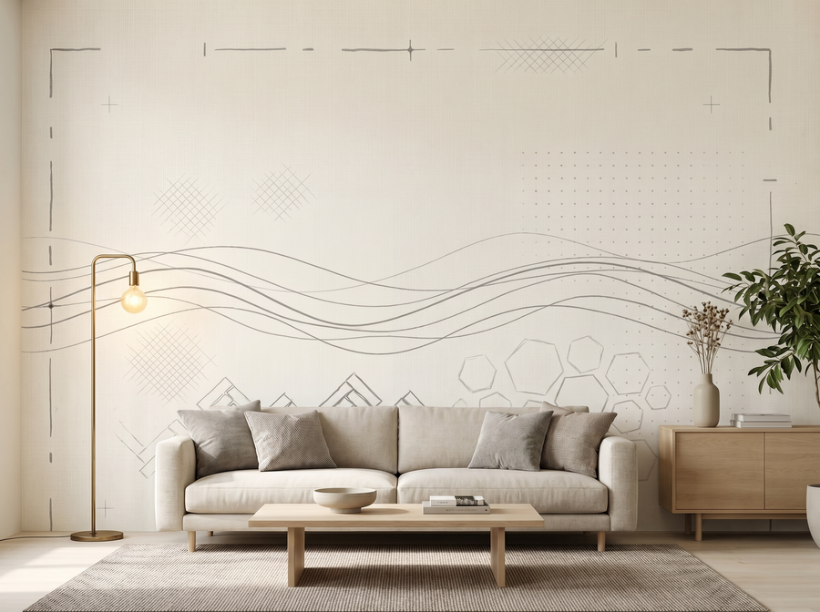 Linen Geometry scenic wallpaper mural on the feature wall of a contemporary bedroom, in a warm neutral palette — The Wall Shawl.