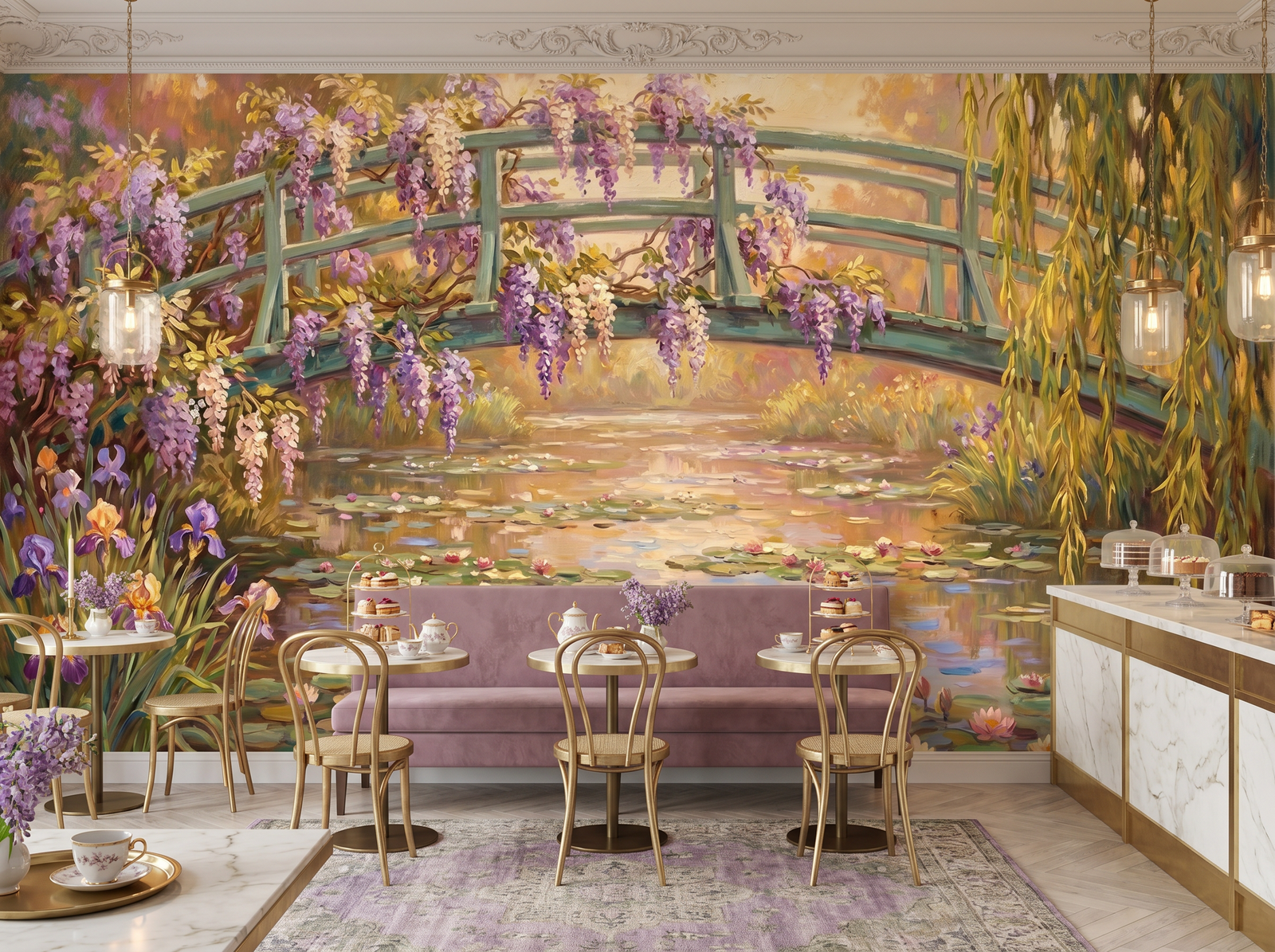 Monet's Pond scenic wallpaper mural on the feature wall of a traditional living room, in a verdant green palette — The Wall Shawl.