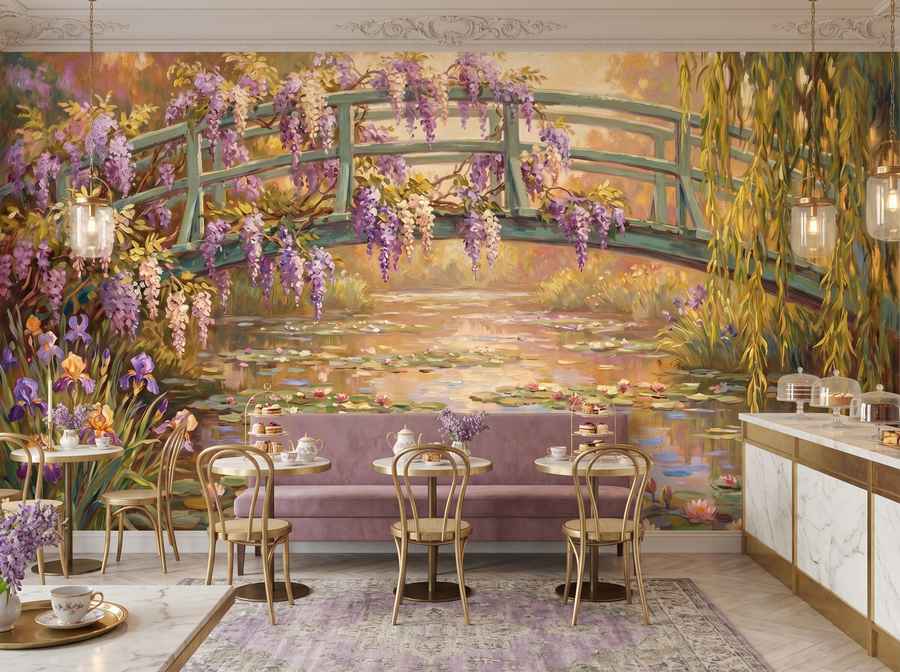 Monet's Pond scenic wallpaper mural on the feature wall of a traditional living room, in a verdant green palette — The Wall Shawl.