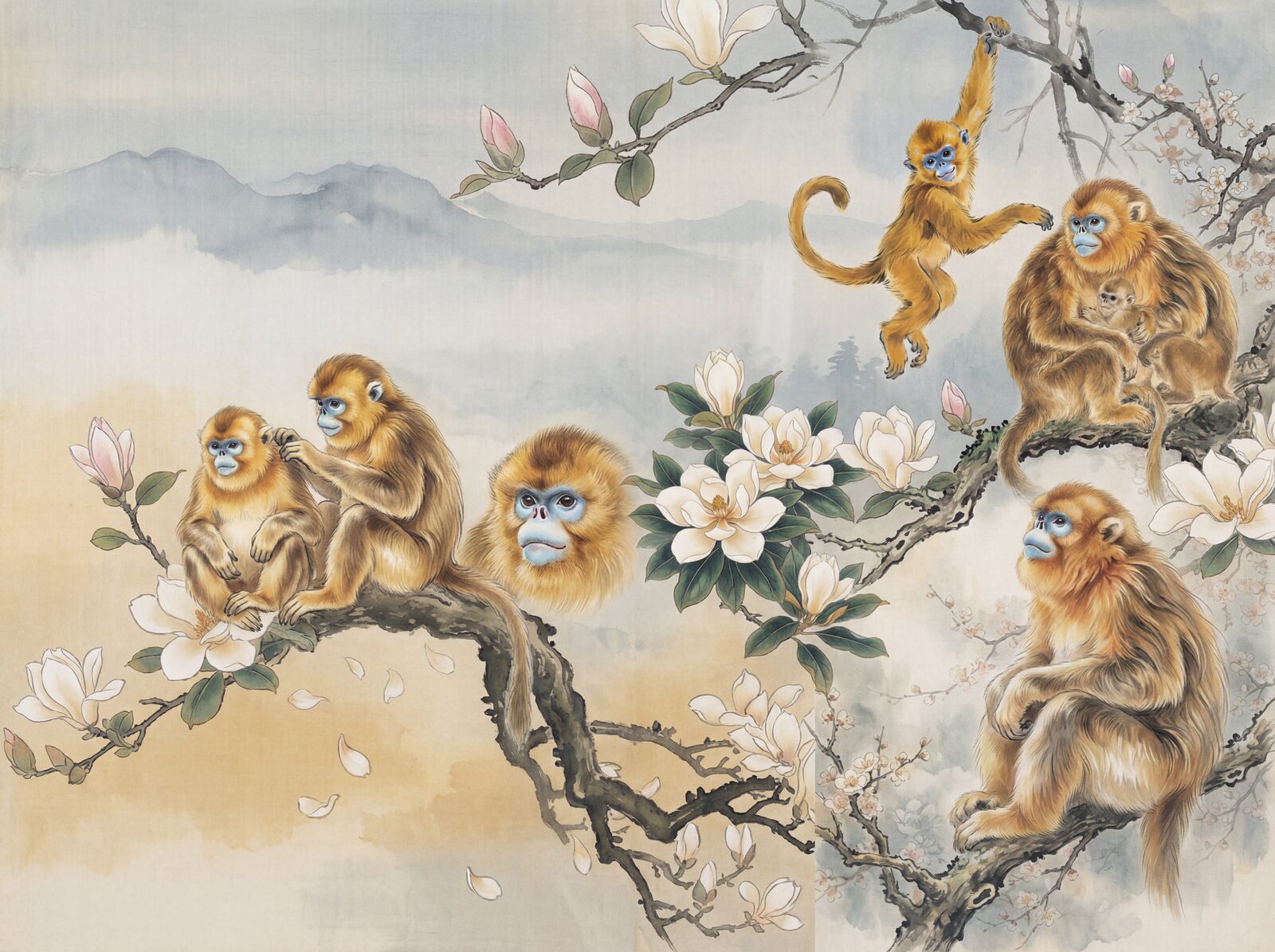Scenic mural wallpaper featuring golden monkeys in a magnolia tree, with a palette of Golden Fur, Blue Face, and Magnolia White. Made to order.