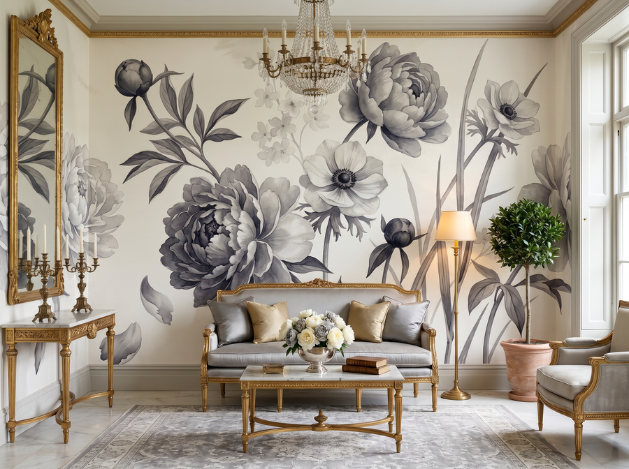 Monochrome Peony Study scenic wallpaper mural on the feature wall of a contemporary study, in a soft grey palette — The Wall Shawl.