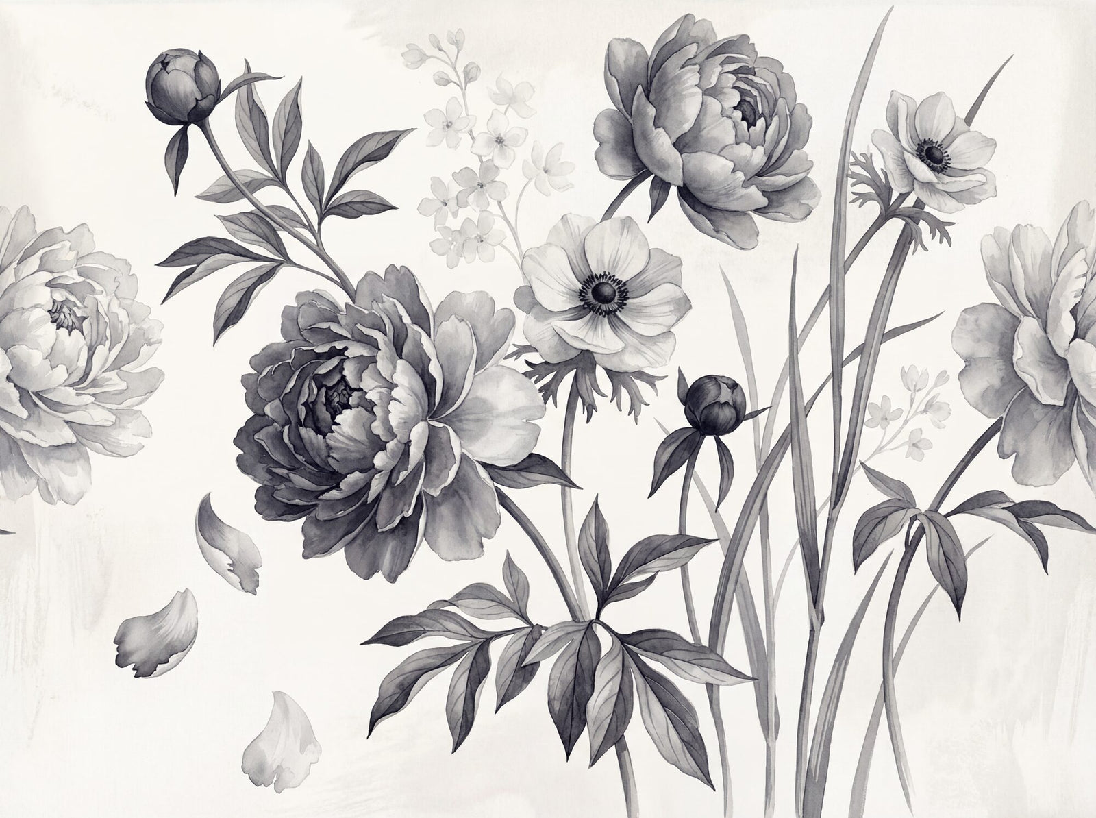 Monochrome watercolour mural of open and three-quarter peonies with a tight bud and ghost flowers, rendered entirely in Payne's grey washes on a warm white ground, with tall grass stems and a falling petal