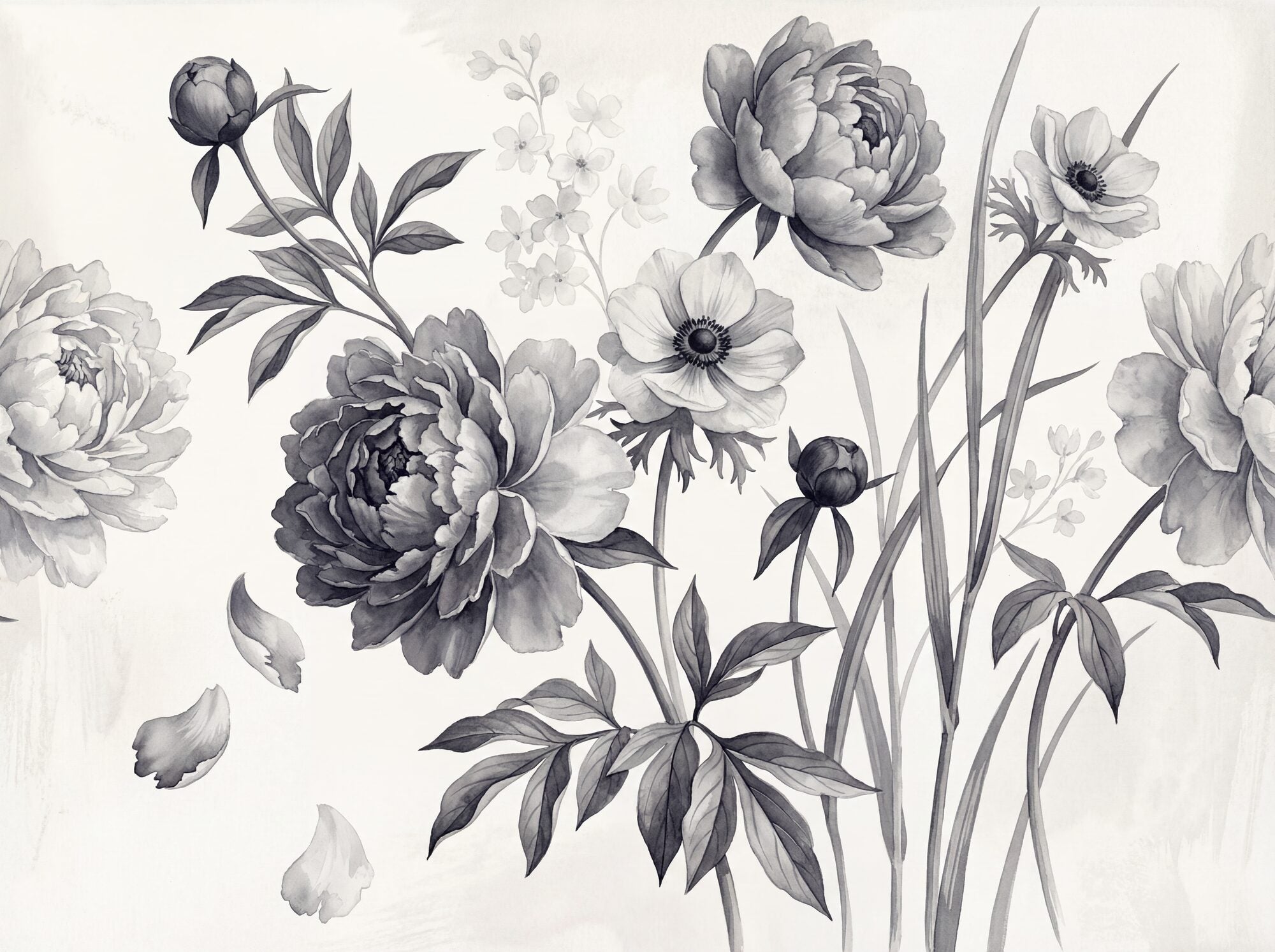 Monochrome watercolour mural of open and three-quarter peonies with a tight bud and ghost flowers, rendered entirely in Payne's grey washes on a warm white ground, with tall grass stems and a falling petal
