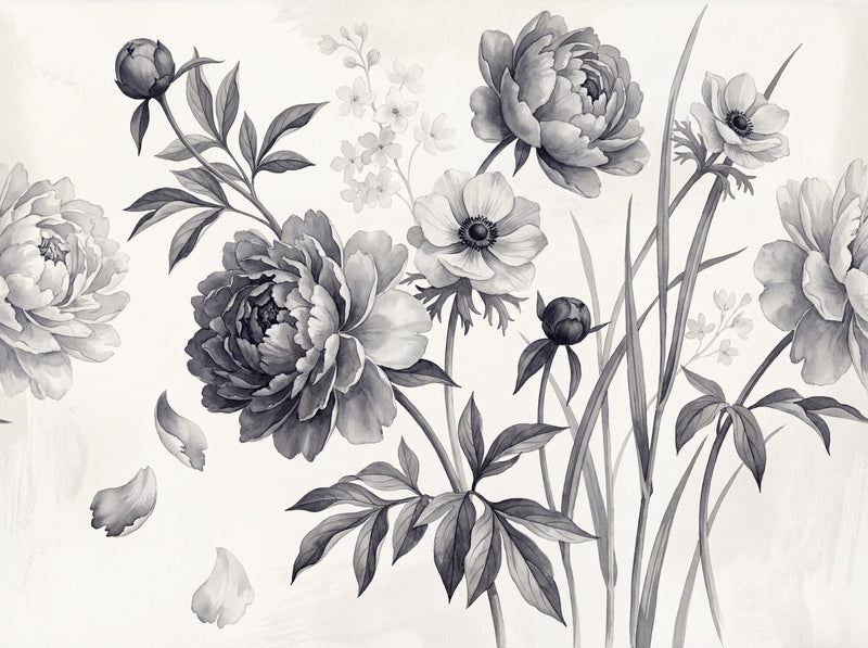 Monochrome Peony Study — Scenic Mural Wallpaper