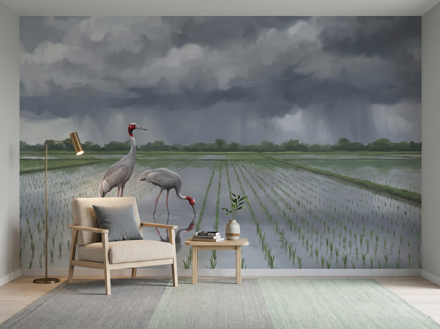 Monsoon Crane scenic wallpaper mural on the feature wall of a chinoiserie bedroom, in a soft grey palette — The Wall Shawl.