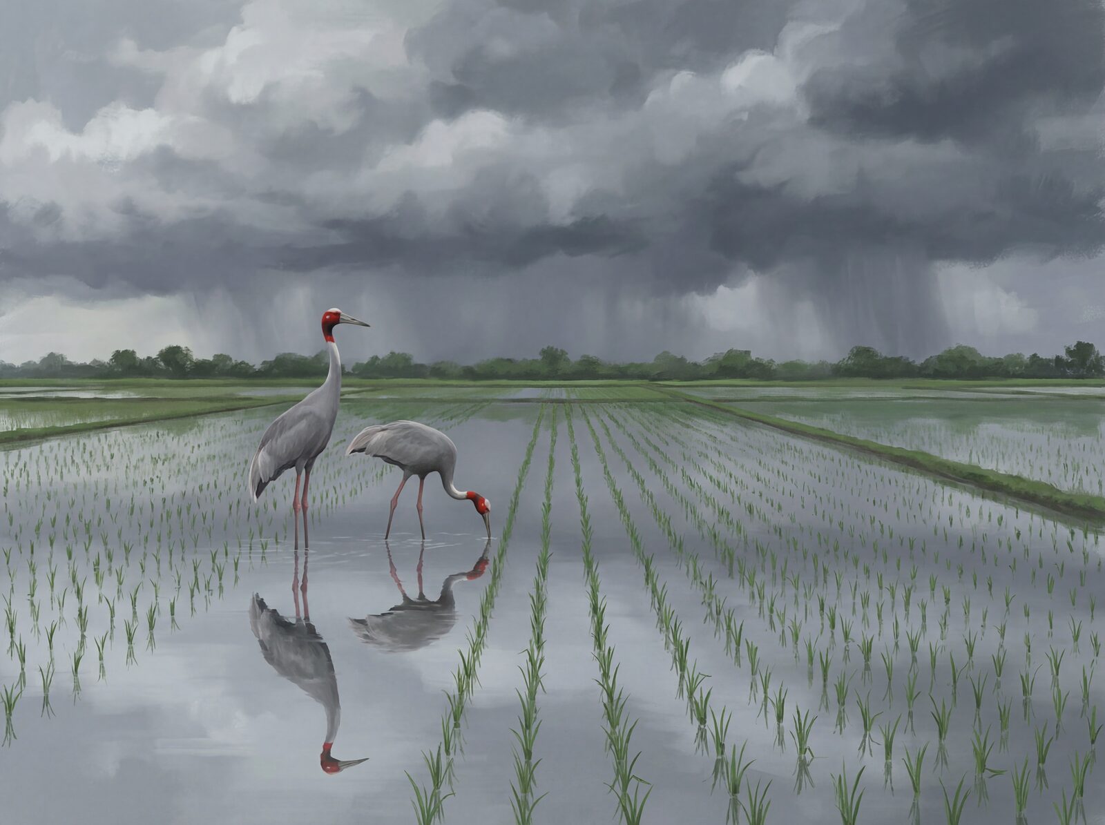 Scenic mural wallpaper featuring sarus cranes in a monsoon landscape with Crane Grey, Head Red, and Monsoon Cloud hues. Made to order.
