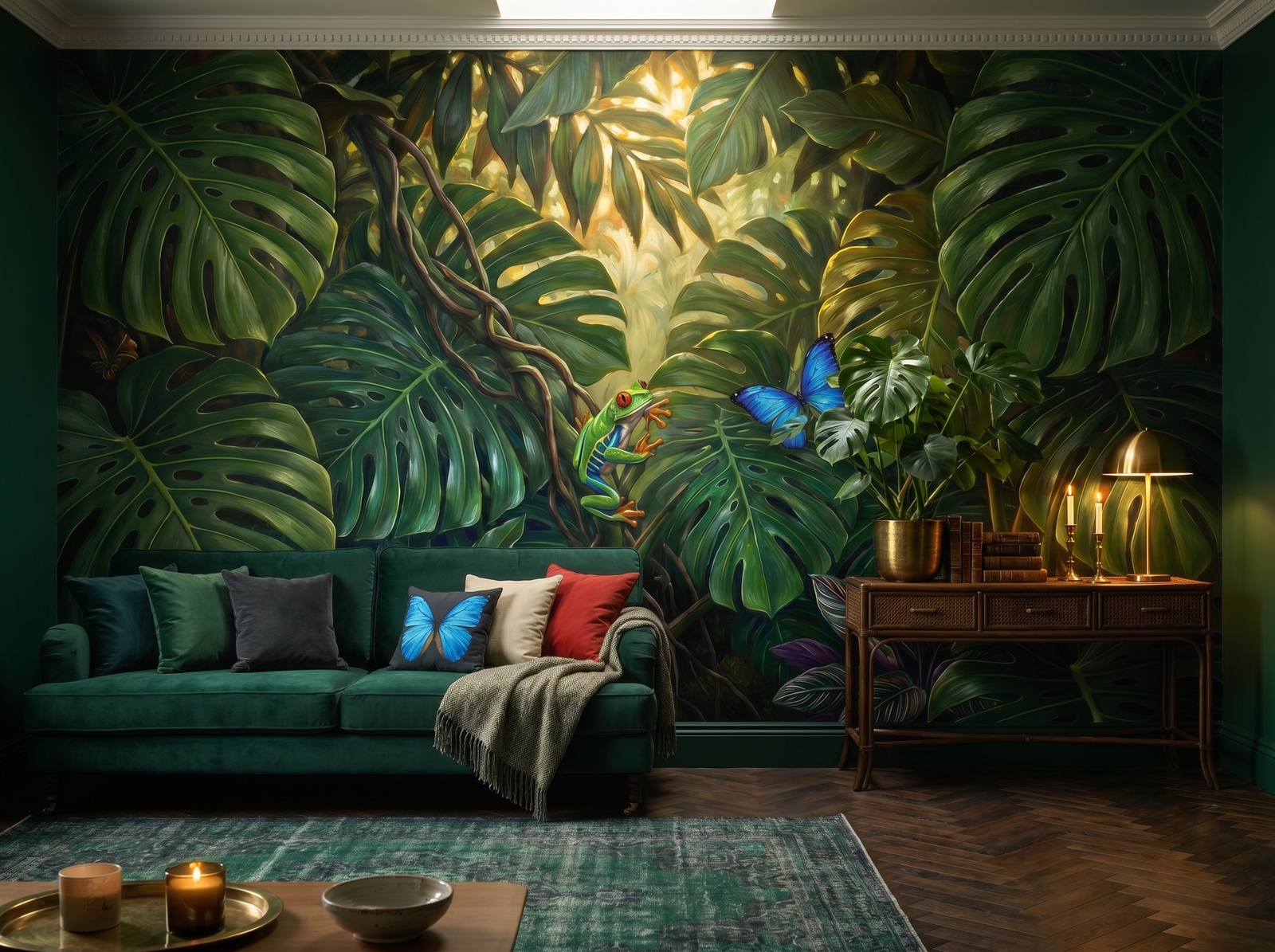 Monstera Forest scenic wallpaper mural on the feature wall of a tropical bedroom, in a verdant green palette — The Wall Shawl.