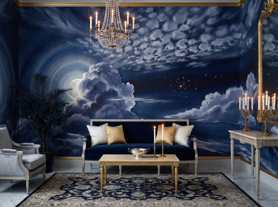 Moon and Cloud scenic wallpaper mural on the feature wall of a dark-academia bedroom, in a moody black-and-charcoal palette — The Wall Shawl.