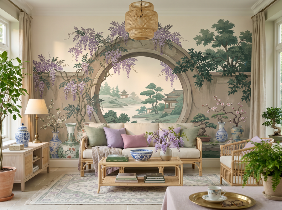 Moon Gate View — Chinoiserie Scenic Wallpaper Mural scenic wallpaper mural on the feature wall of a chinoiserie living room, in a verdant green palette — The Wall Shawl.