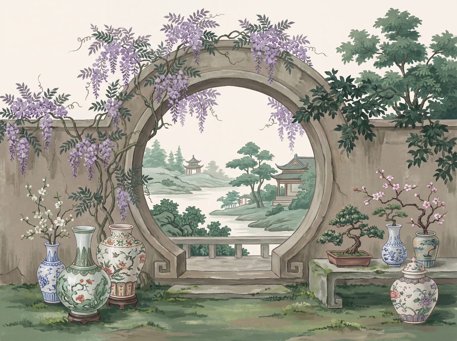 Chinoiserie scenic mural with Garden Jade, Weathered Stone, and Wisteria Mauve palette. Made to order.