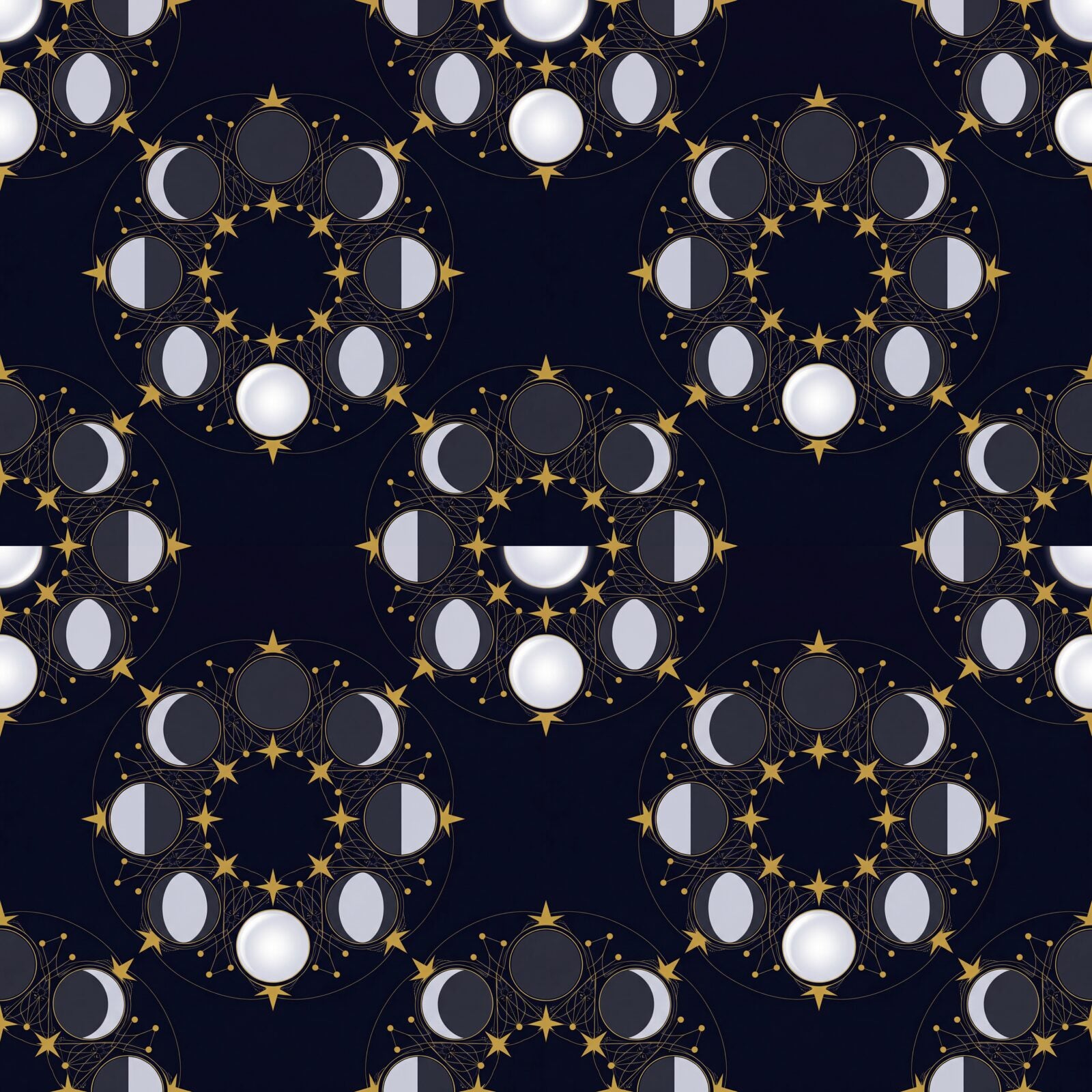 Celestial moon phases in a serene mandala, featuring deep blues, silvers, and golds. Made to order.