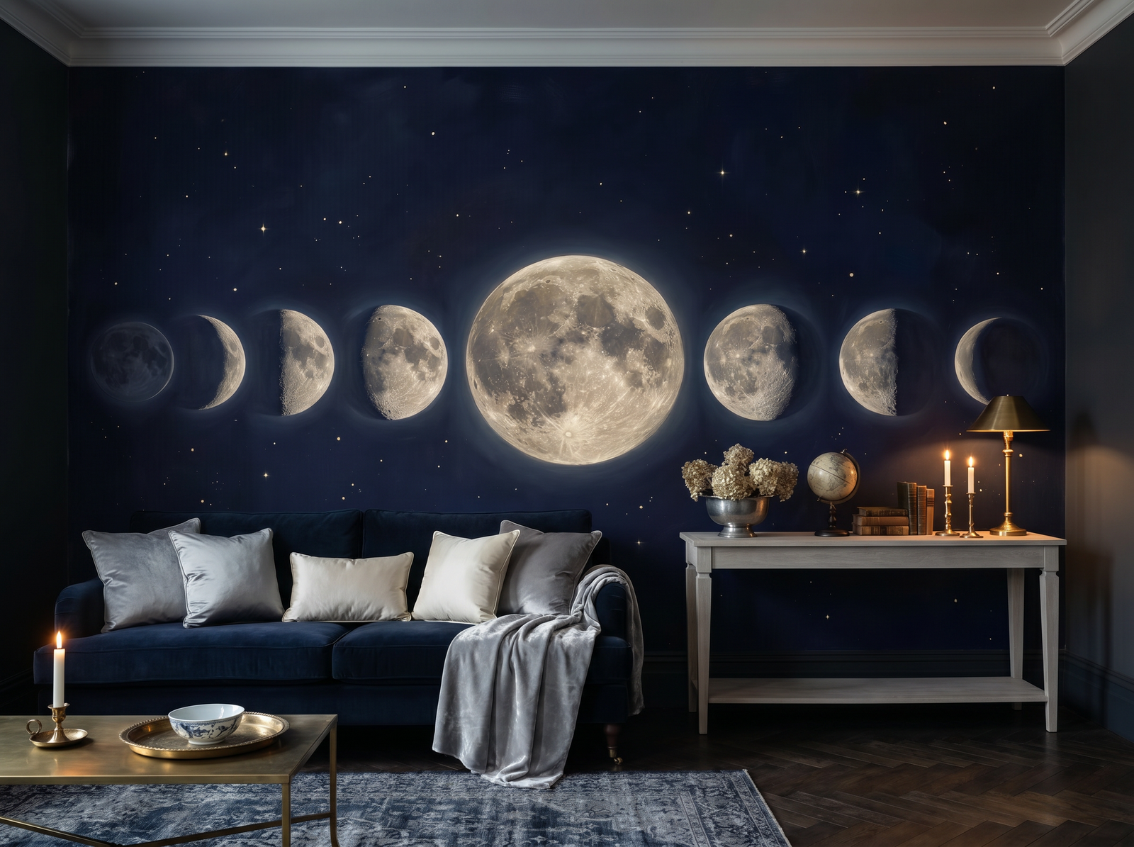 Moon Phases scenic wallpaper mural on the feature wall of a dark-academia bedroom, in a moody black-and-charcoal palette — The Wall Shawl.