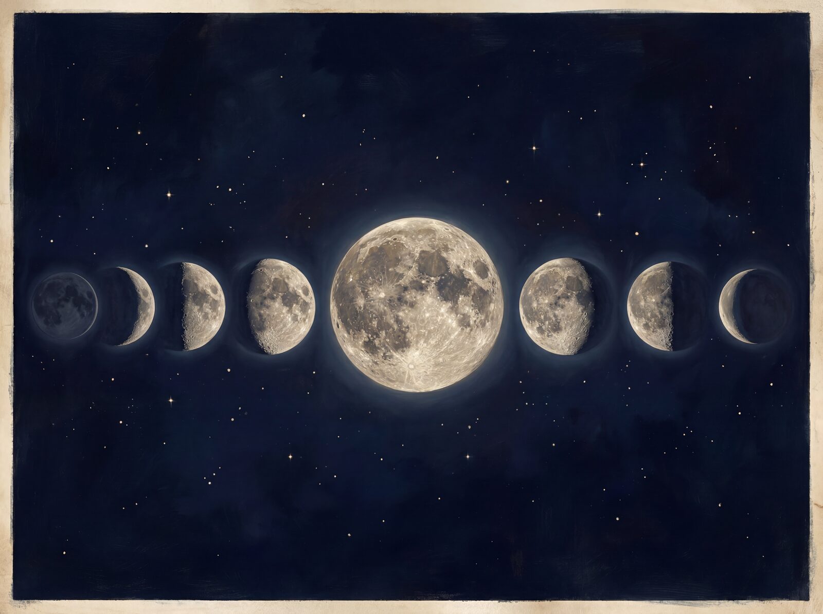 Witness the moon's 29.5-day cycle in precise detail, rendered in deep navy, warm silver, and subtle greys. Made to order.