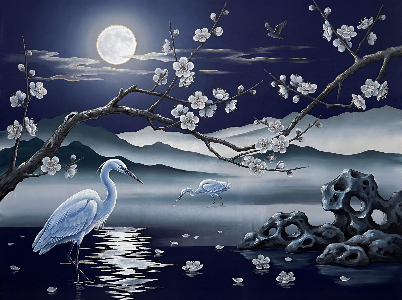 Nocturnal chinoiserie mural: silver-white egrets and plum blossoms under a full moon, with mist mountains and moon-reflected water on deep indigo ground