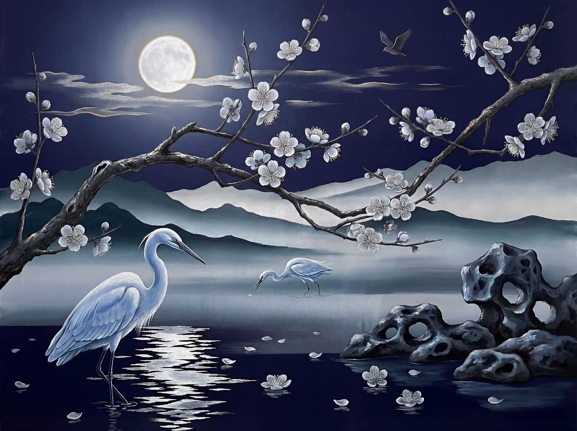 Nocturnal chinoiserie mural: silver-white egrets and plum blossoms under a full moon, with mist mountains and moon-reflected water on deep indigo ground