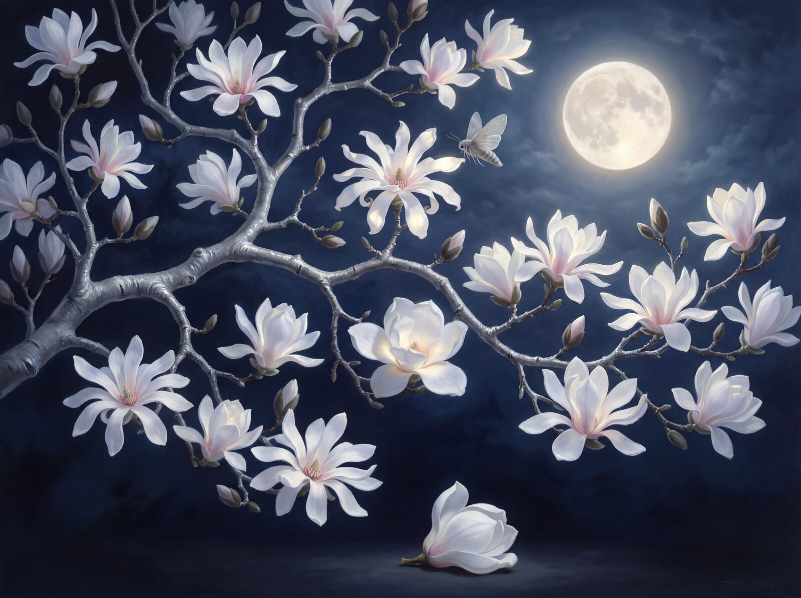Experience the serene beauty of moonlit magnolia blossoms against a deep navy sky. Made to order.