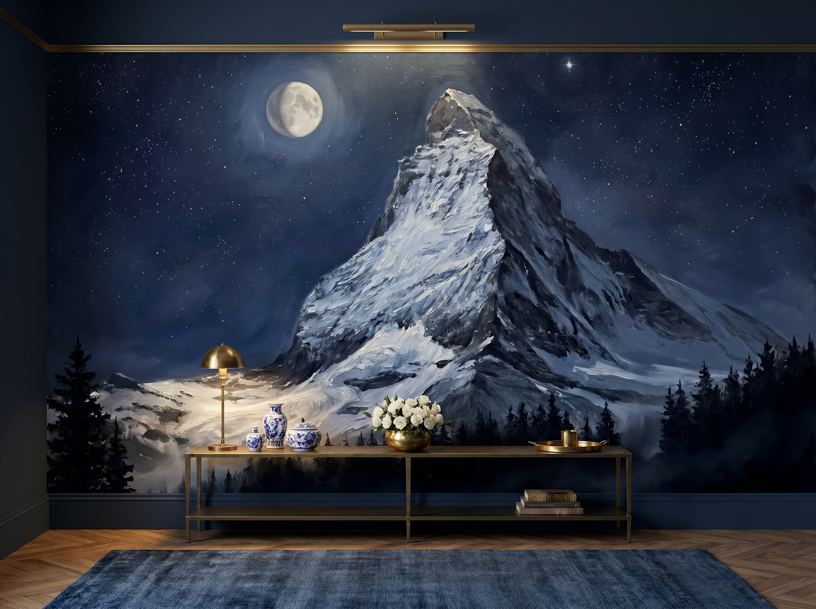 Moonlit Mountain scenic wallpaper mural on the feature wall of a modern-rustic bedroom, in a moody black-and-charcoal palette — The Wall Shawl.