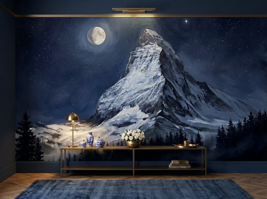Moonlit Mountain scenic wallpaper mural on the feature wall of a modern-rustic bedroom, in a moody black-and-charcoal palette — The Wall Shawl.