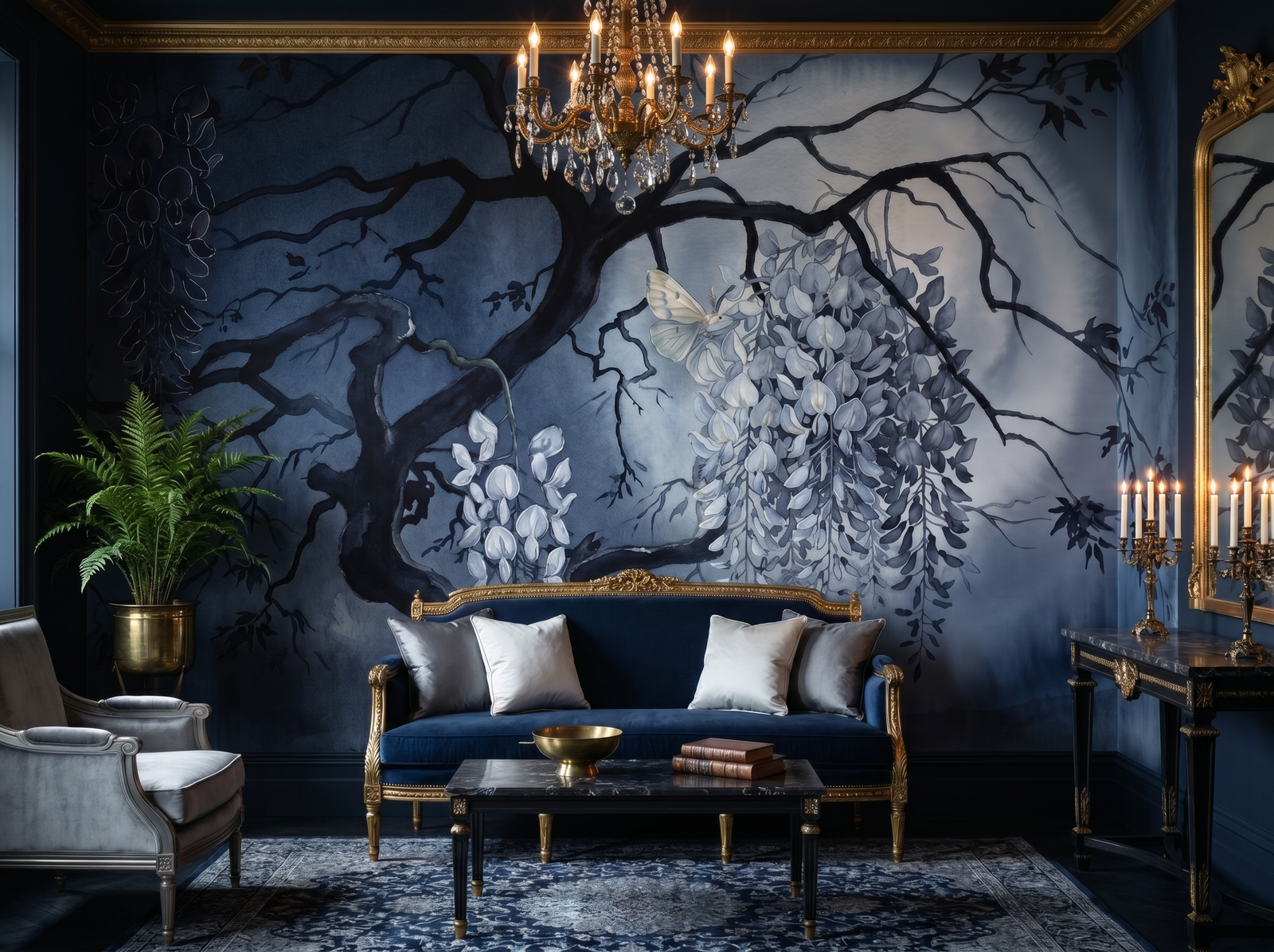 Moonlit Wisteria scenic wallpaper mural on the feature wall of a biophilic bedroom, in a moody black-and-charcoal palette — The Wall Shawl.
