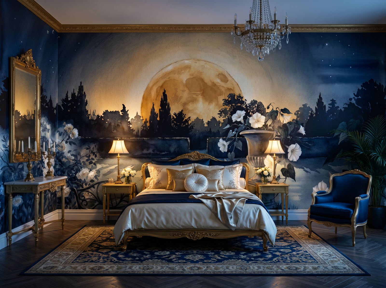 Moonrise Over Garden scenic wallpaper mural on the feature wall of an English-country bedroom, in a moody black-and-charcoal palette — The Wall Shawl.