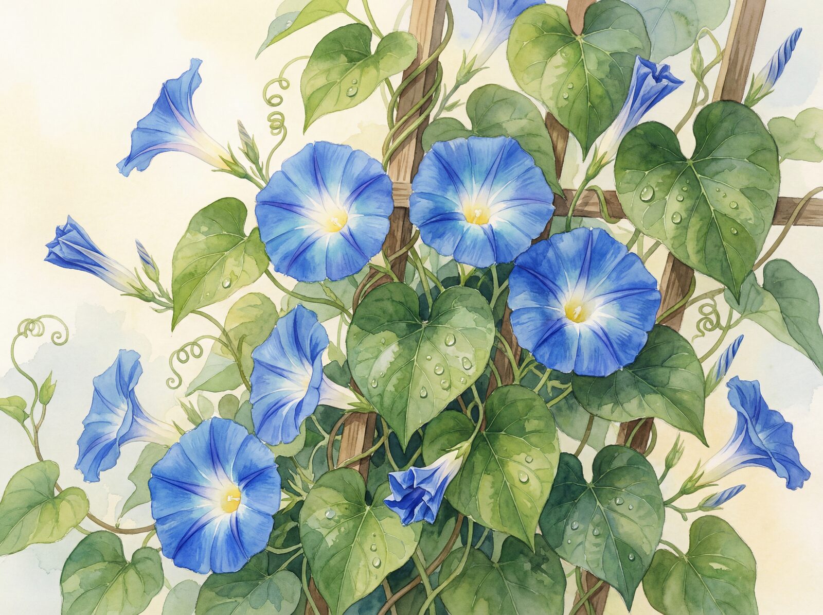 Immerse yourself in the ephemeral beauty of 'Morning Glory Blue', a vivid botanical mural featuring saturated blues and fresh greens. Made to order.