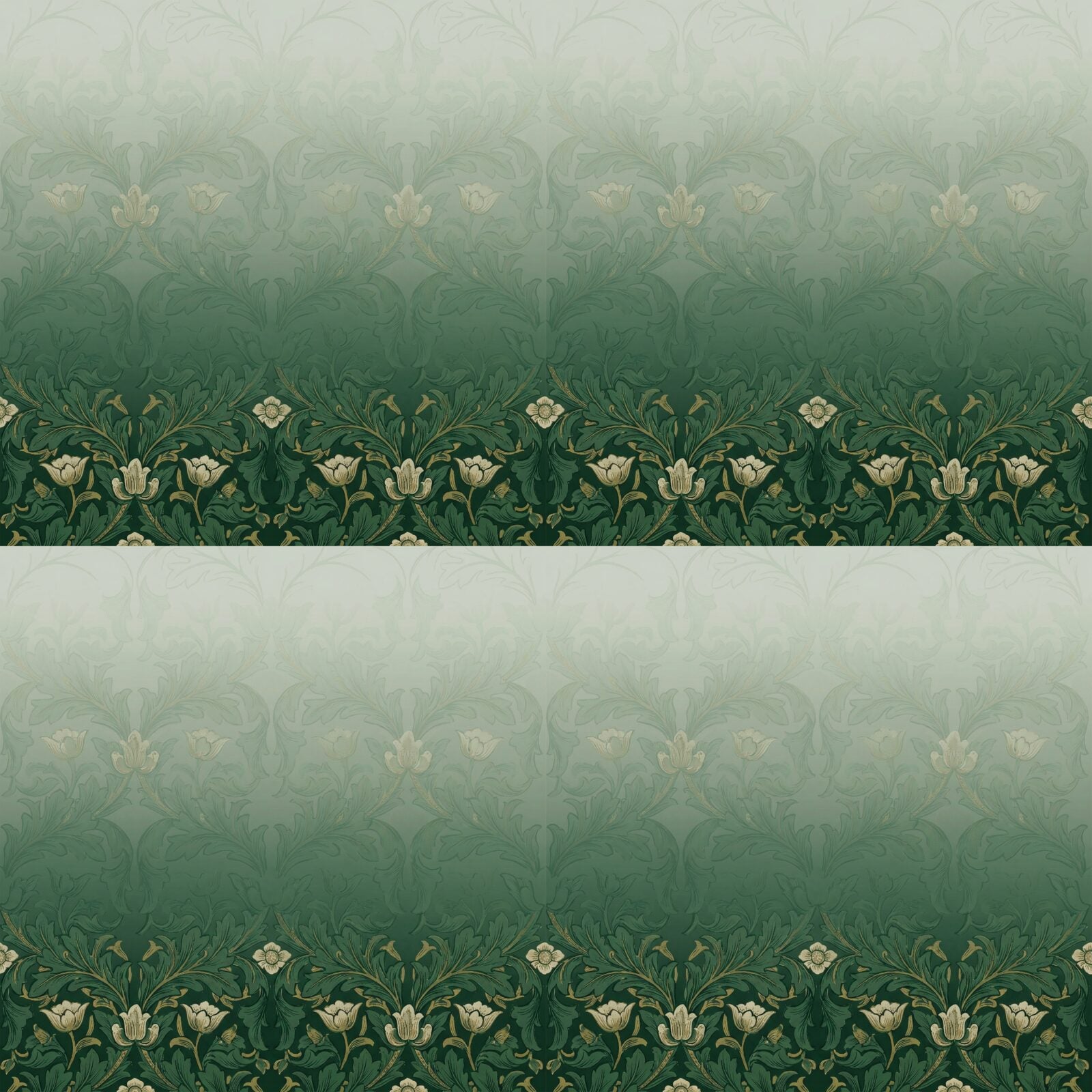 A radical reinterpretation of Morris's acanthus scrollwork, fading from forest green to pale mist. Made to order.