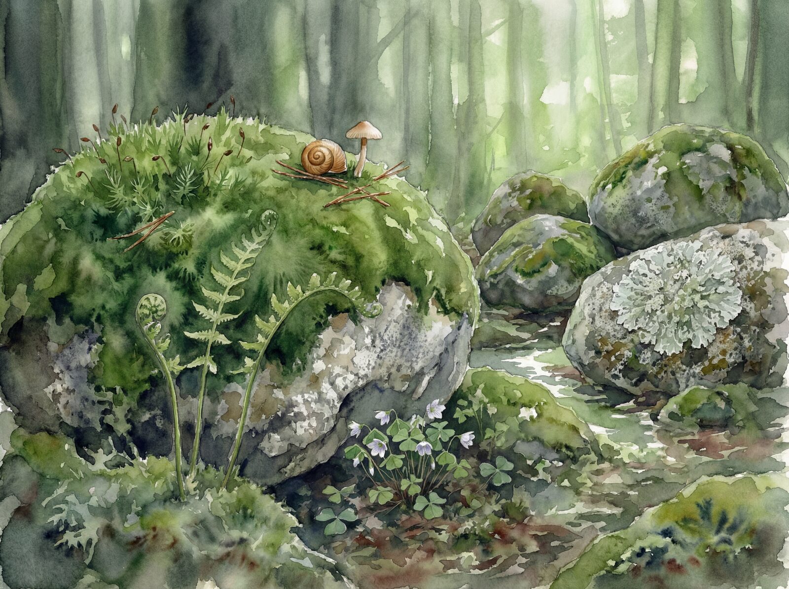 Scenic mural wallpaper featuring emerald moss on granite boulders. Palette: emerald, granite, fern. Made to order.