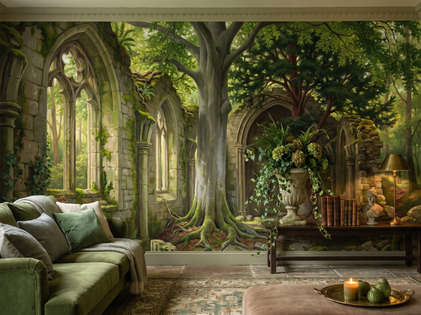 Mossy Ruins scenic wallpaper mural on the feature wall of a biophilic living room, in a verdant green palette — The Wall Shawl.