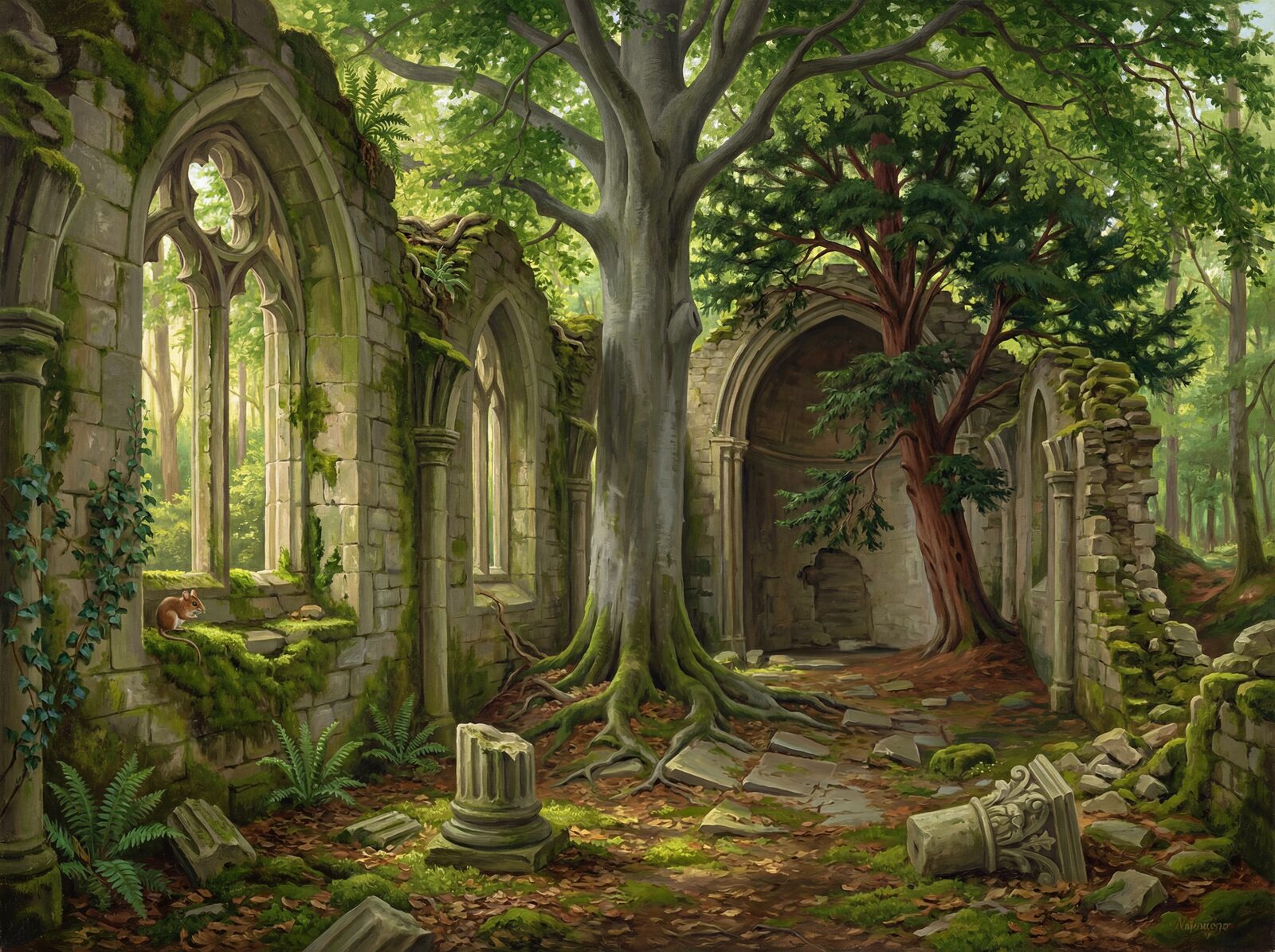 Immerse yourself in the tranquil beauty of ancient ruins reclaimed by nature. Featuring a palette of warm greys, deep greens, and earthy browns. Made to order.