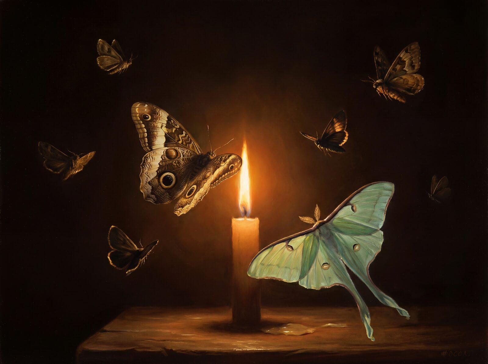 Experience the mesmerising dance of moths around a golden flame. Rich umber, bronze, and gold palette. Made to order.