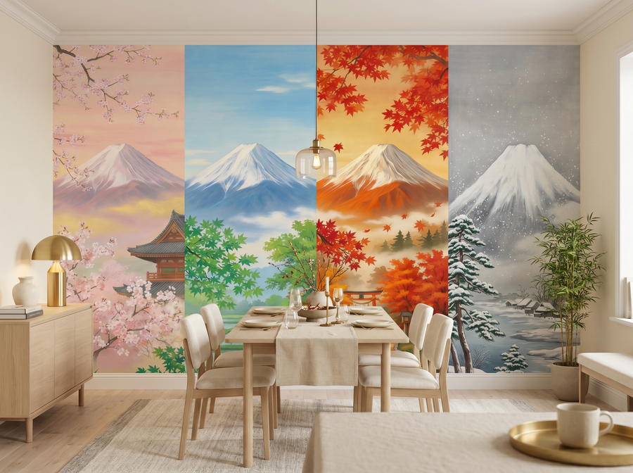 Mount Fuji Seasons scenic wallpaper mural on the feature wall of a chinoiserie living room, in a cool blue palette — The Wall Shawl.