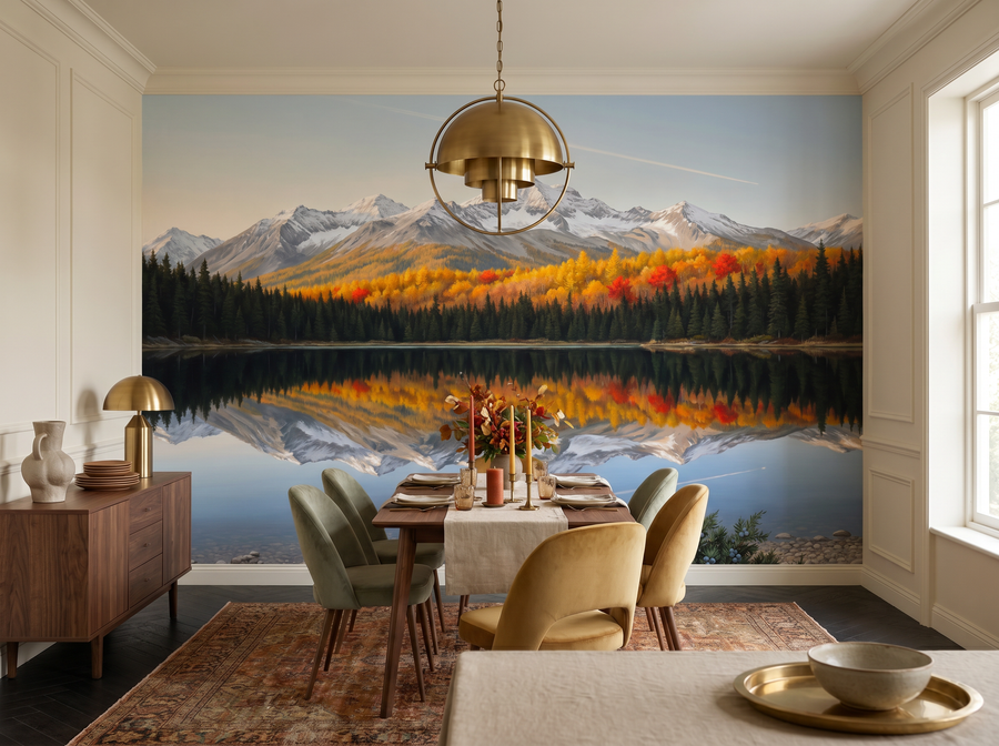 Mountain Reflection scenic wallpaper mural on the feature wall of a modern-rustic bedroom, in a cool blue palette — The Wall Shawl.
