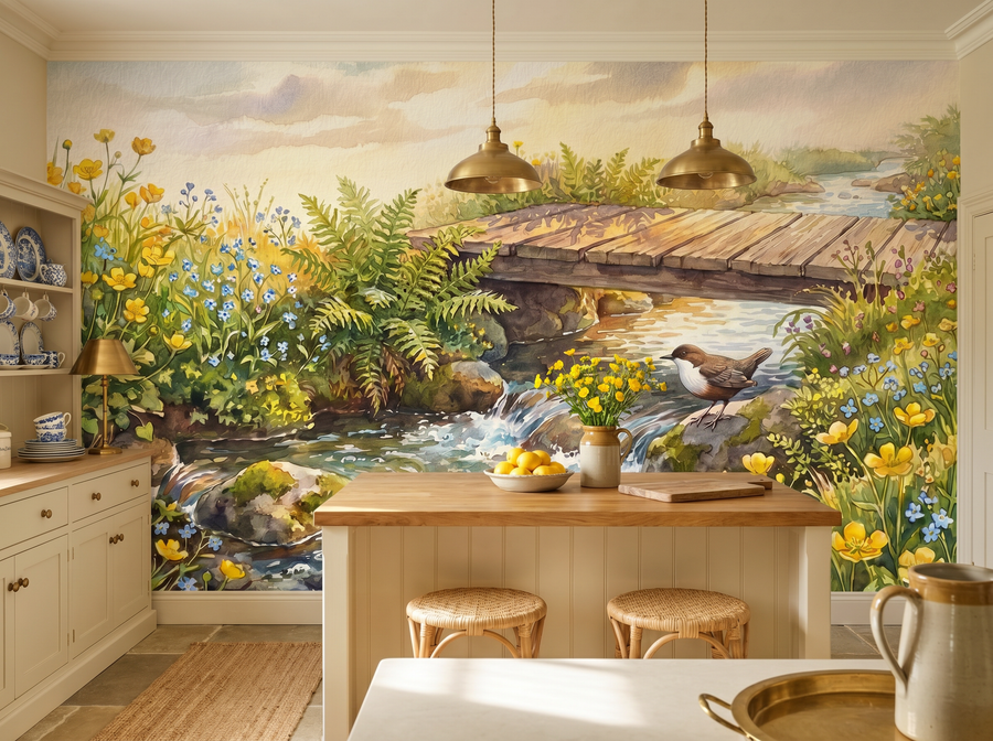 Mountain Stream scenic wallpaper mural on the feature wall of a modern-rustic bedroom, in a soft grey palette — The Wall Shawl.