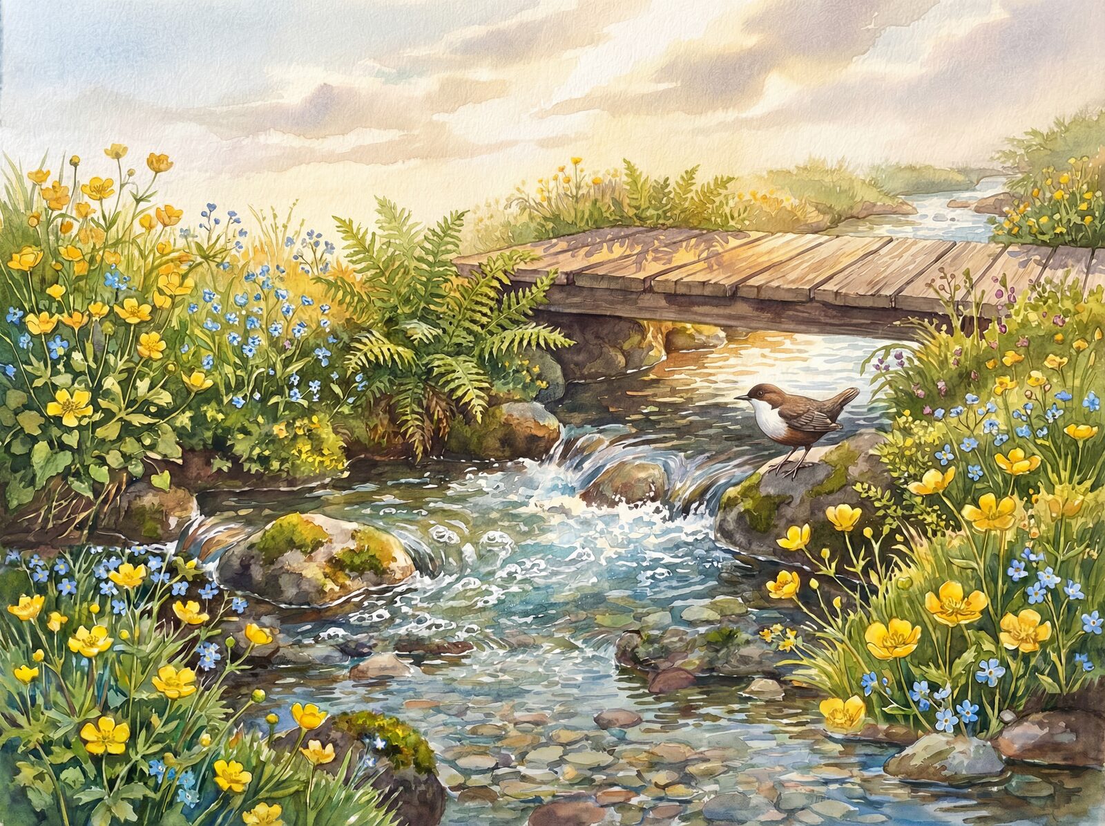 Scenic mural wallpaper with Stream Clear, Riffle White, and Meadow Green palette. Made to order.