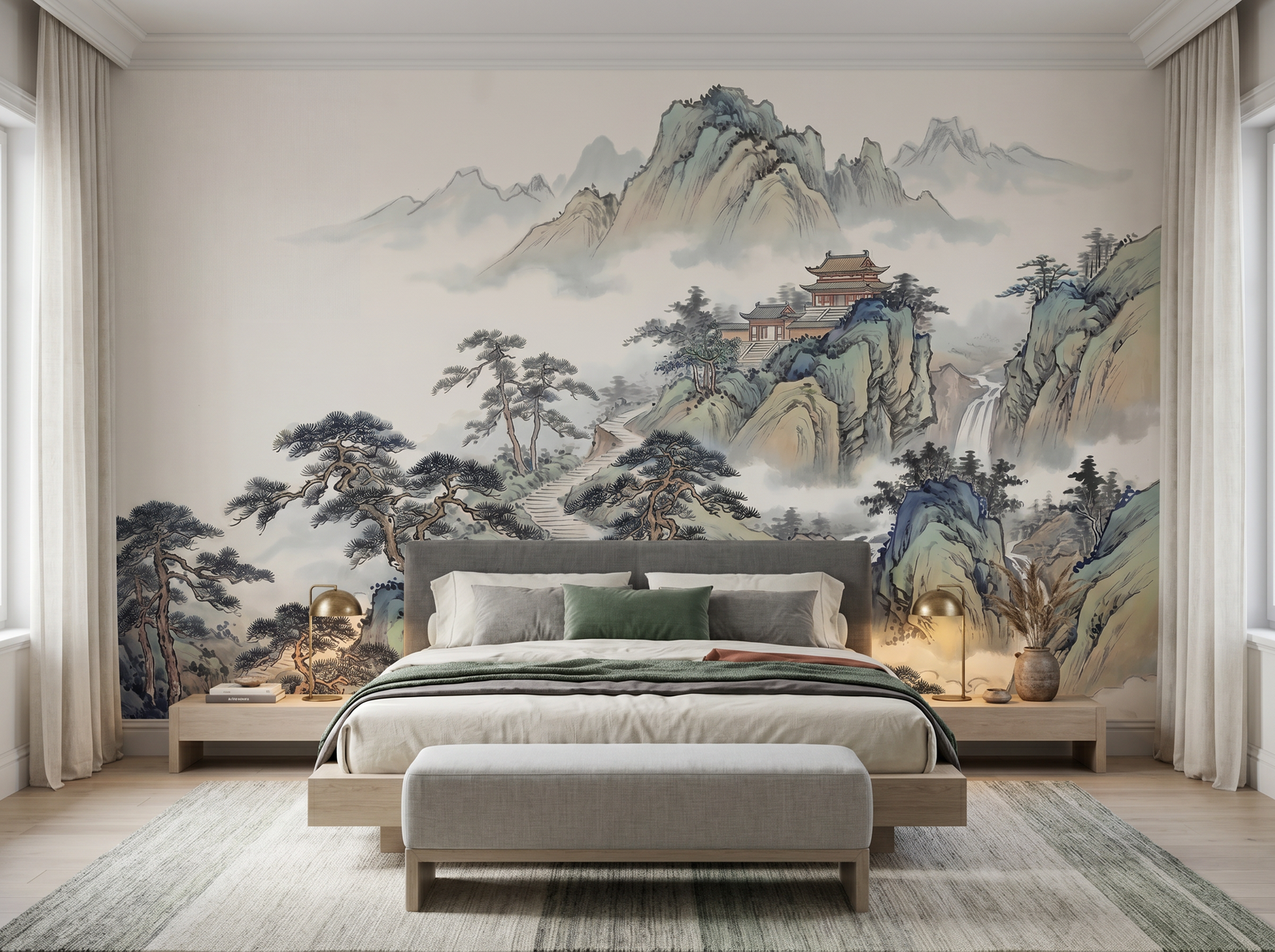 Mountain Temple — Chinoiserie Scenic Wallpaper Mural scenic wallpaper mural on the feature wall of a chinoiserie living room, in a verdant green palette — The Wall Shawl.