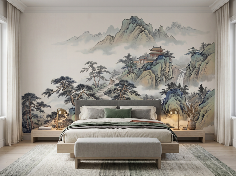 Mountain Temple — Chinoiserie Scenic Wallpaper Mural scenic wallpaper mural on the feature wall of a chinoiserie living room, in a verdant green palette — The Wall Shawl.