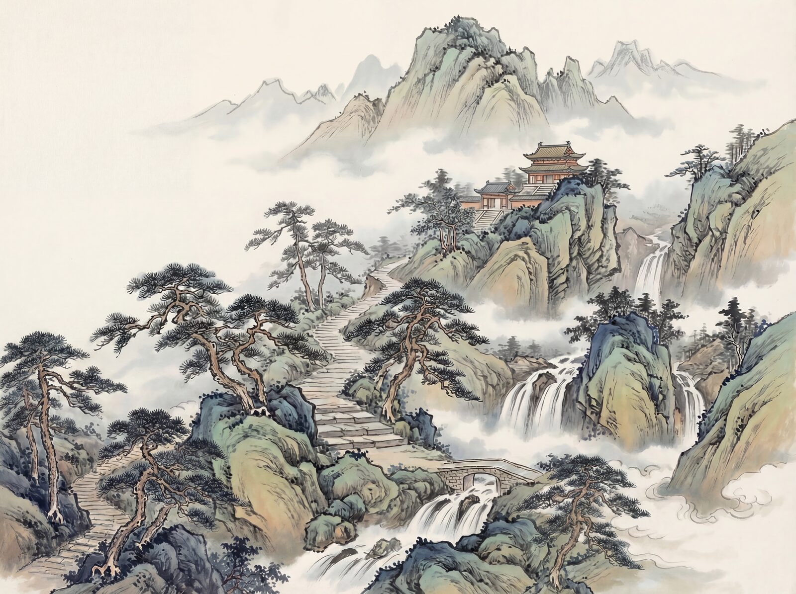 Scenic mural wallpaper in Forest Pine, Mountain Stone, Temple Red, Mist Silver, and Sky Ivory. Made to order.