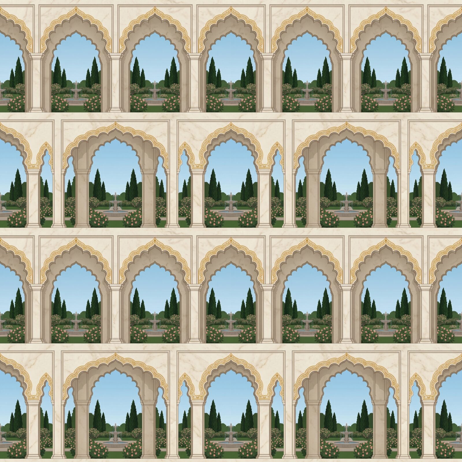 Step through a magnificent Mughal arch into a paradise garden. Featuring a palette of marble, sandstone, and garden greens. Made to order.