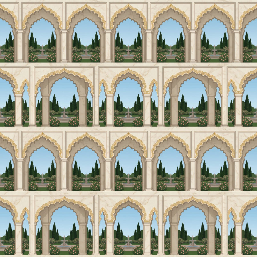 Step through a magnificent Mughal arch into a paradise garden. Featuring a palette of marble, sandstone, and garden greens. Made to order.