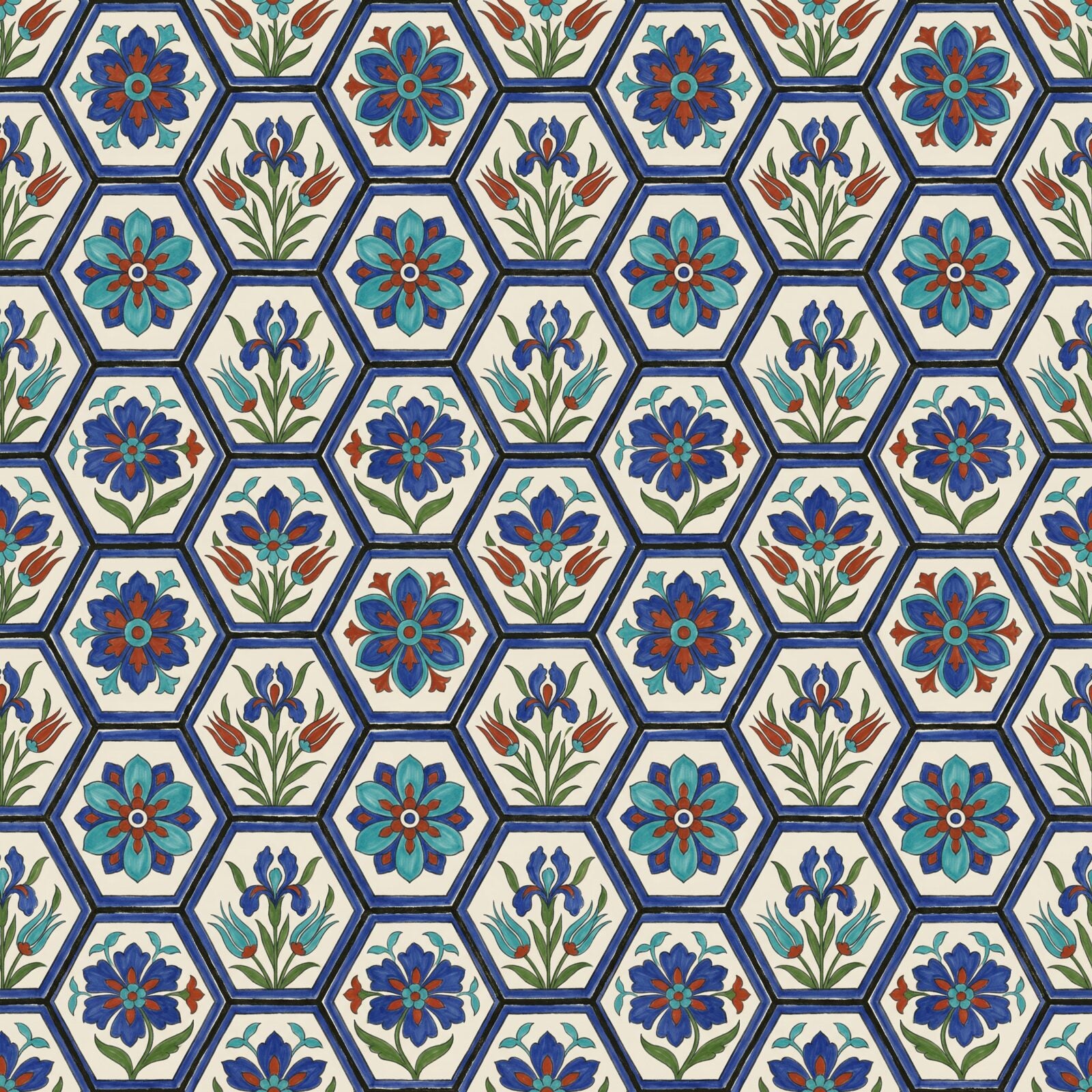 Immerse yourself in a continuous garden of hexagonal Mughal floral tiles in cobalt blue, emerald green, and carnelian red. Made to order.