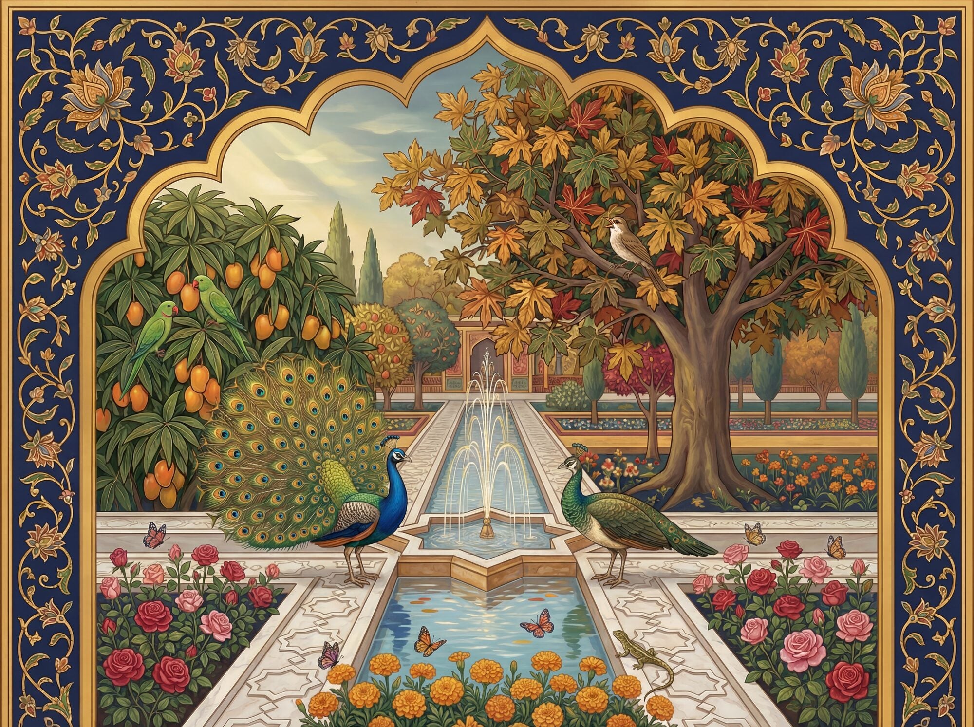 Mughal paradise garden mural framed by a burnished gold cusped arch on lapis blue: peacocks in heraldic symmetry at a marble water channel with fountain, mango tree with parakeets, chinar tree in autumn amber, pomegranate tree with ruby fruit, rose beds, saffron marigold border, and a floral arabesque base panel in gold